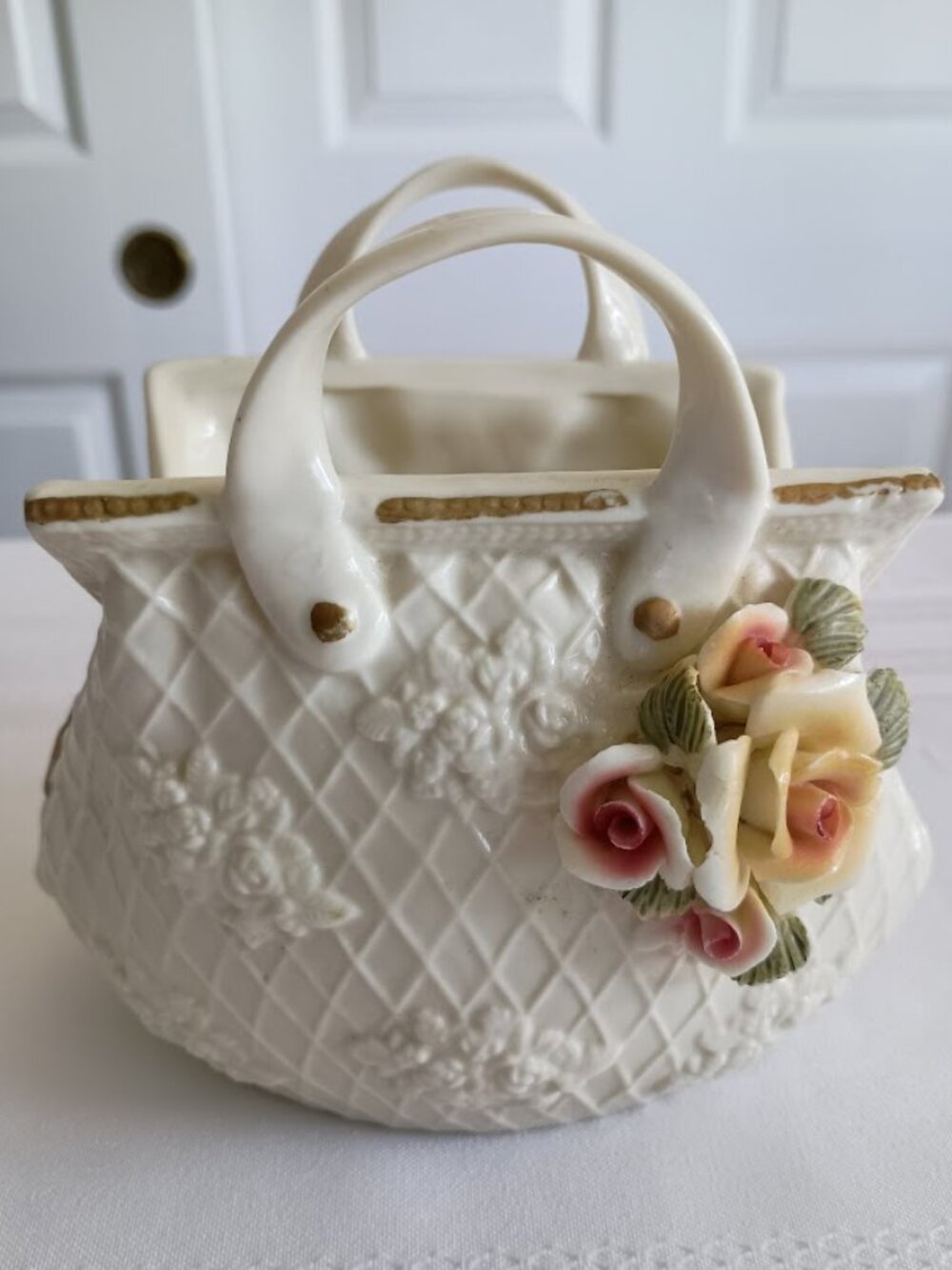 Vintage Ceramic Purse Vase/Planter with Floral Accents